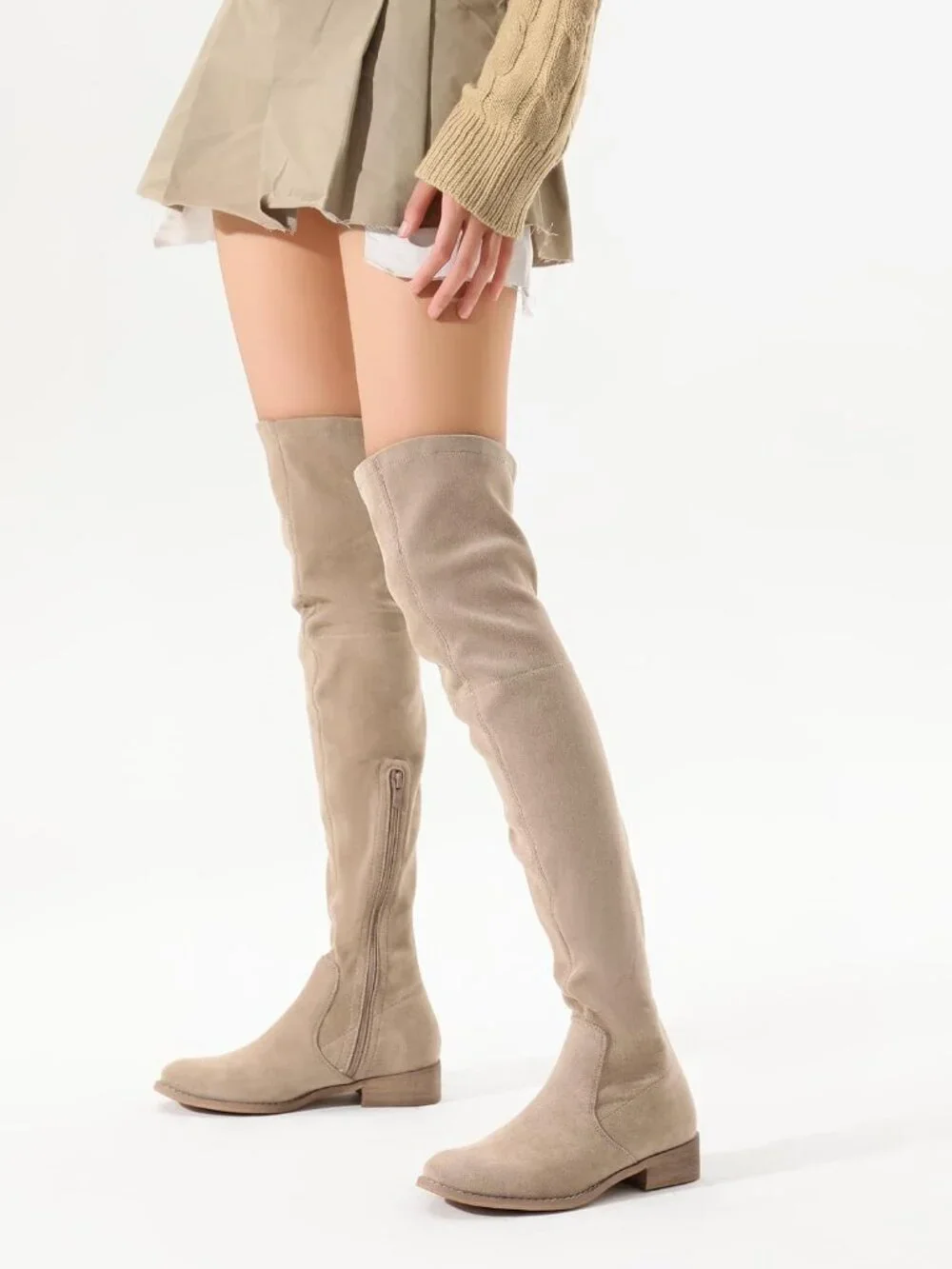Women's Beige Low Block Heel Pointed Toe Stretch Over The Knee Thigh High Boots